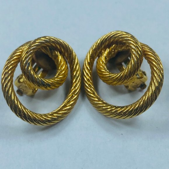 Gold Tone Metal Twisted Rope Swirl Cable Clip-on Earrings Vintage Womens - Picture 12 of 16